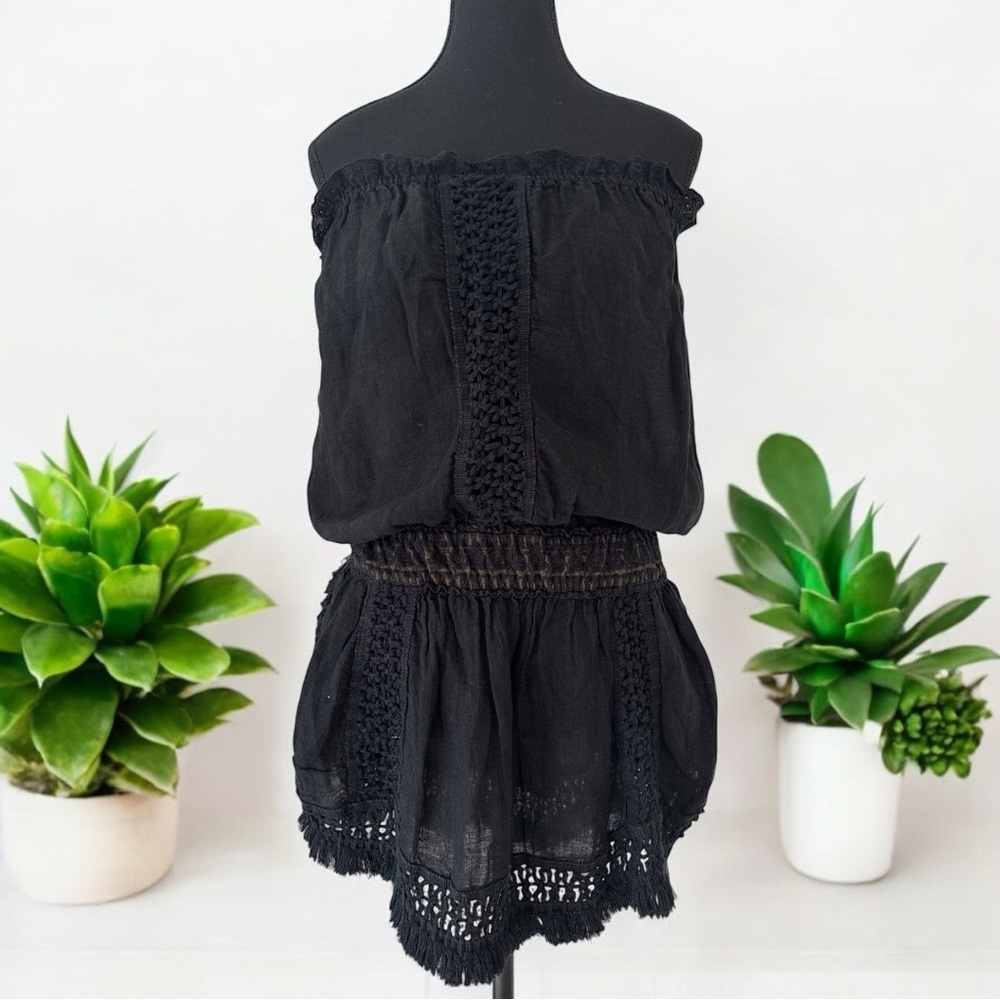 Sunday Crochet-Trim Black Mini Beach Dress – One Size (Made in France)